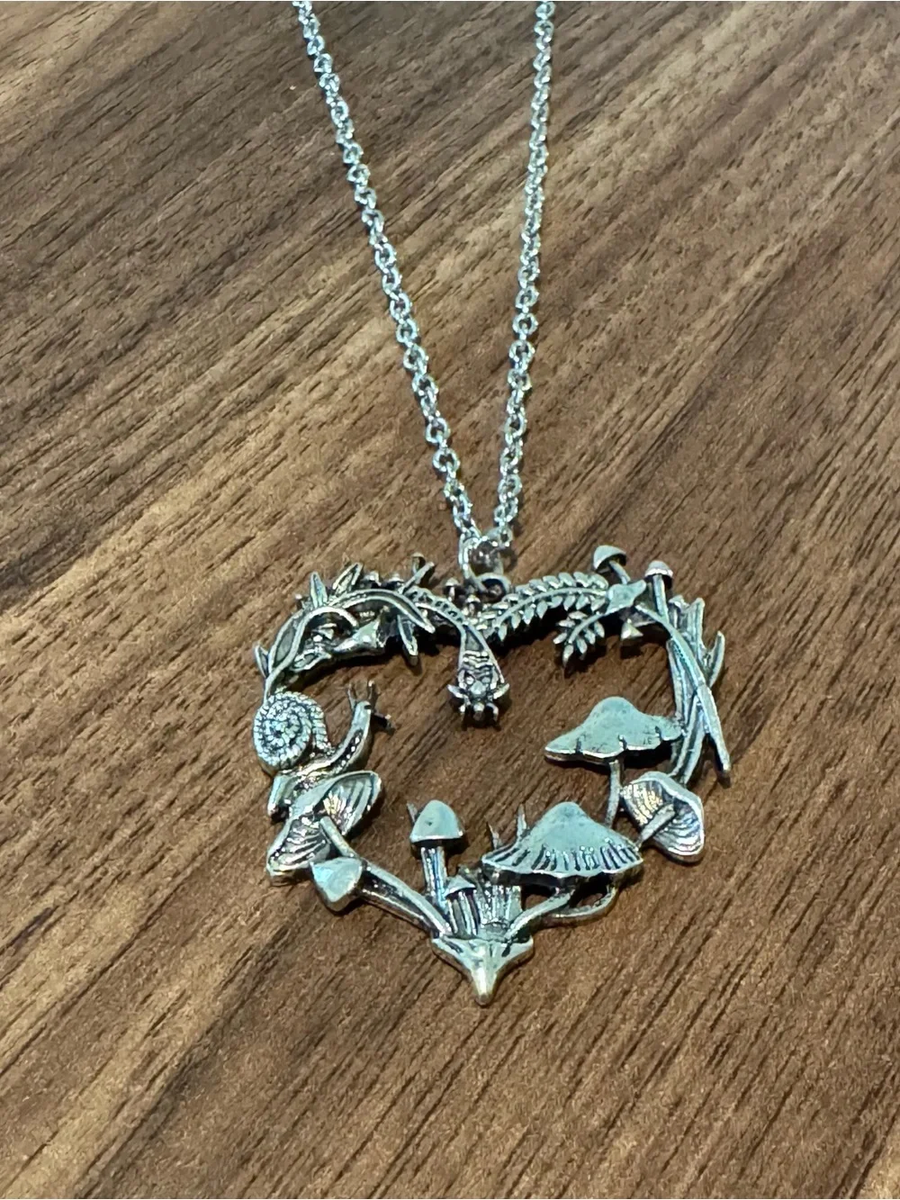 Silver Heart Pendant Necklace with Mushroom & Botanical Motif - Women Jewelry